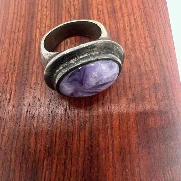 925 Sterling Silver Purple Charoite Oval Ring Sz 6.25 Pinky Heavy Tested GIFT - Picture 5 of 14